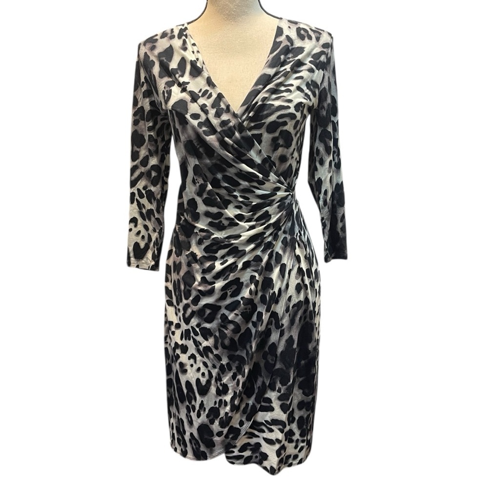 Tommy Bahama Gray Leopard Print Faux Wrap 3/4 Sleeve Knee Length Dress‎ Size S